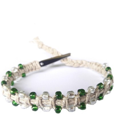 Glass Beaded Adjustable Alligator Clip Natural Hemp Bracelet - Handmade Green $9.34 Bracelets