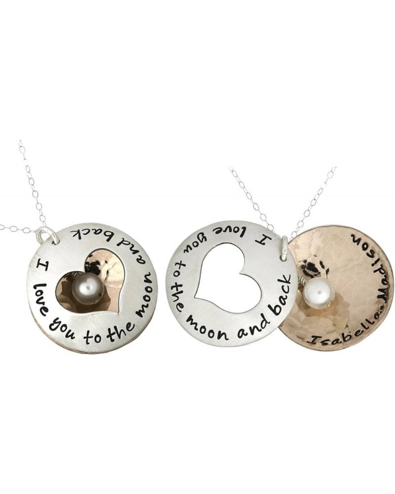 Personalized I Love You to the Moon and Back Charm Necklace. Customize a Sterling Silver Disc and an Rose Gold Plated Disc. A...