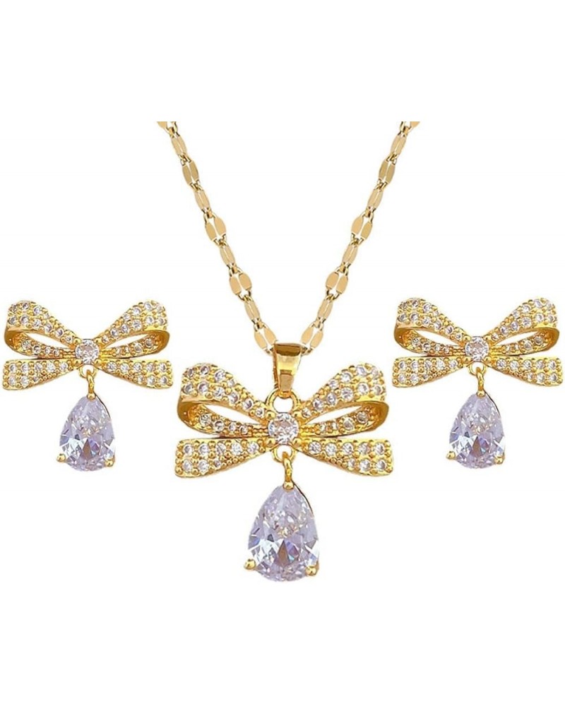 Jewelry Sets for Women Bowknot Pendant Necklace with Rhinestone Crystal CZ Drop Earrings Party Birthday Anniversary Wedding G...