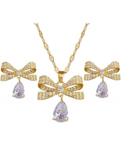 Jewelry Sets for Women Bowknot Pendant Necklace with Rhinestone Crystal CZ Drop Earrings Party Birthday Anniversary Wedding G...