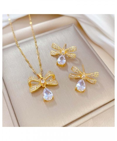 Jewelry Sets for Women Bowknot Pendant Necklace with Rhinestone Crystal CZ Drop Earrings Party Birthday Anniversary Wedding G...