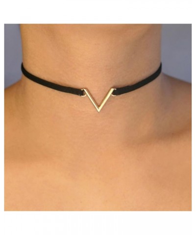 Vintage Suede Choker Necklace Black Letter V Necklace Black Velvet Necklace Short Gothic Arrow Velvet Ribbon Necklace Chain J...