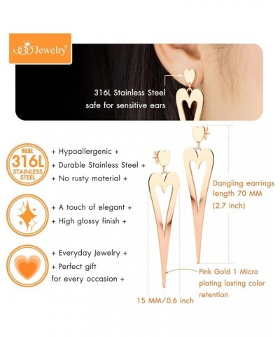 Stainless Steel Long Stretched Dangle Heart Earrings for Women & Girls Rose Gold $13.19 Earrings