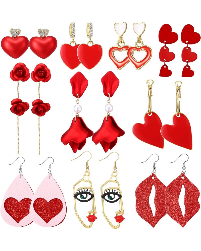 10 Pairs Valentines Day Faux Leather Earrings Shiny Teardrop Dangle Earrings Heart Shaped Valentines Day Earrings Heart Earri...