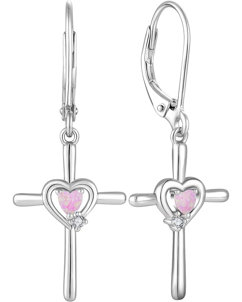 Cross Earrings Sterling Silver Opal Crucifix Dangle Drop Earrings Heart Birthstone Religious Jewelry for Women Pink Opal $26....