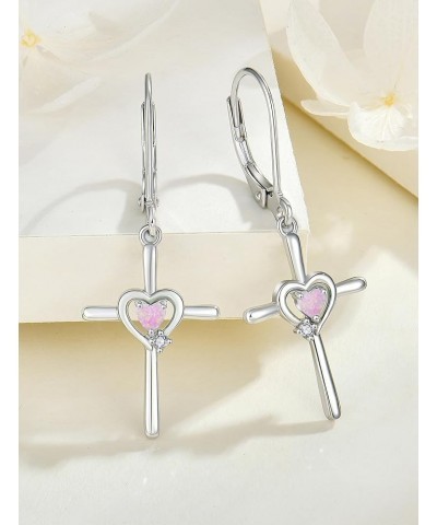 Cross Earrings Sterling Silver Opal Crucifix Dangle Drop Earrings Heart Birthstone Religious Jewelry for Women Pink Opal $26....