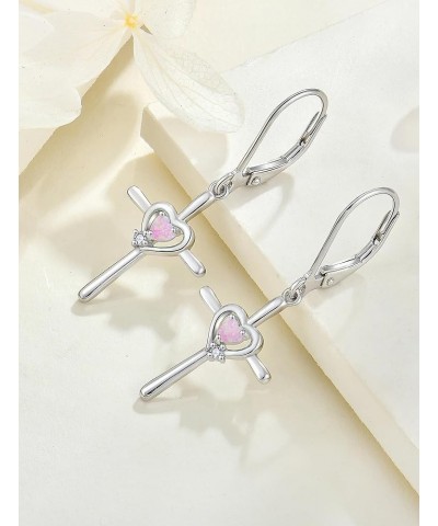 Cross Earrings Sterling Silver Opal Crucifix Dangle Drop Earrings Heart Birthstone Religious Jewelry for Women Pink Opal $26....