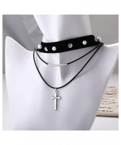 Black Women's Choker Necklaces Collar, Gothic Punk Flannelette Rope Cross Neckband Jewelry Gifts for Valentines Halloween Chr...