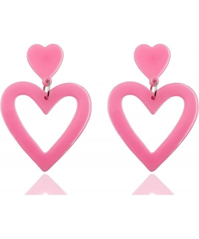 Pink Heart Dangle Earrings for Women Cute Valentine's Day Acrylic Earrings Double Heart Earrings Love Heart Dangle Drop Earri...