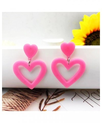 Pink Heart Dangle Earrings for Women Cute Valentine's Day Acrylic Earrings Double Heart Earrings Love Heart Dangle Drop Earri...