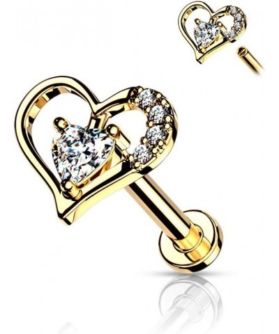 16GA Paved Heart Contour Heart CZ Solitaire Internally Threaded 316L Surgical Steel Flat Back Studs for Labret, Monroe, Carti...