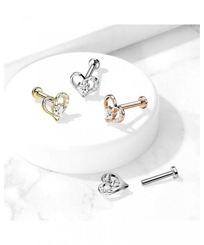 16GA Paved Heart Contour Heart CZ Solitaire Internally Threaded 316L Surgical Steel Flat Back Studs for Labret, Monroe, Carti...