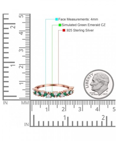 4mm Art Deco Wedding Band Ring Marquise Round Simulated Cubic Zirconia 925 Sterling Silver Rose Tone, Simulated Green Emerald...