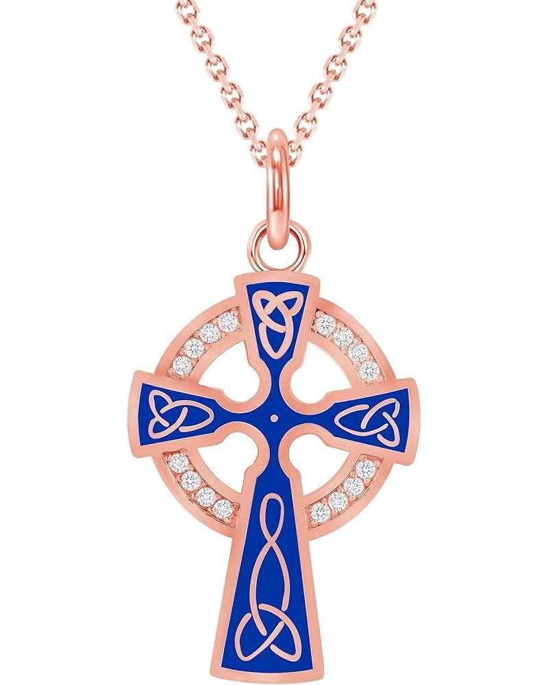 Celtic Cross Trinity Knot Pendant Necklace in Solid 14k Gold with Diamonds, Made in America 22" Necklace Blue Enamel Rose Gol...