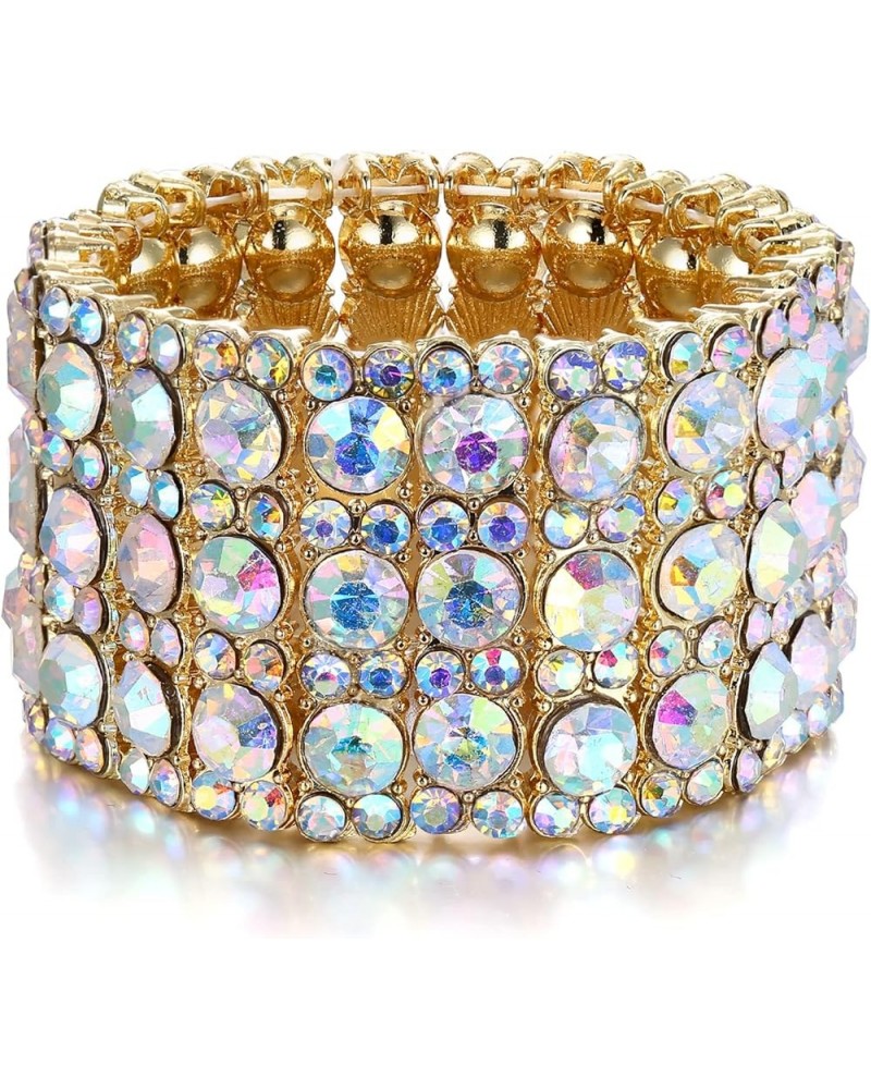 Women's Round Shaped Austrian Crystal Wedding 3 Layers Luxury Elastic Stretch Bracelet Iridescent Clear AB Gold-Tone $12.18 B...