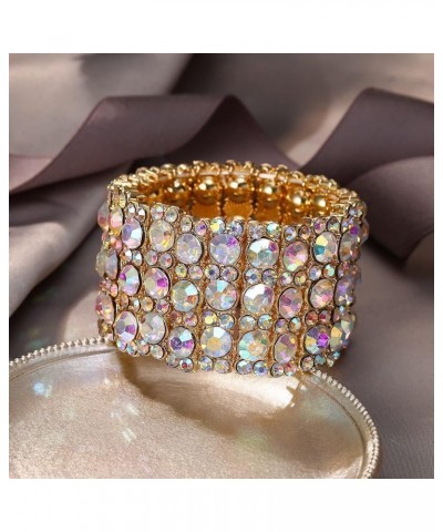 Women's Round Shaped Austrian Crystal Wedding 3 Layers Luxury Elastic Stretch Bracelet Iridescent Clear AB Gold-Tone $12.18 B...