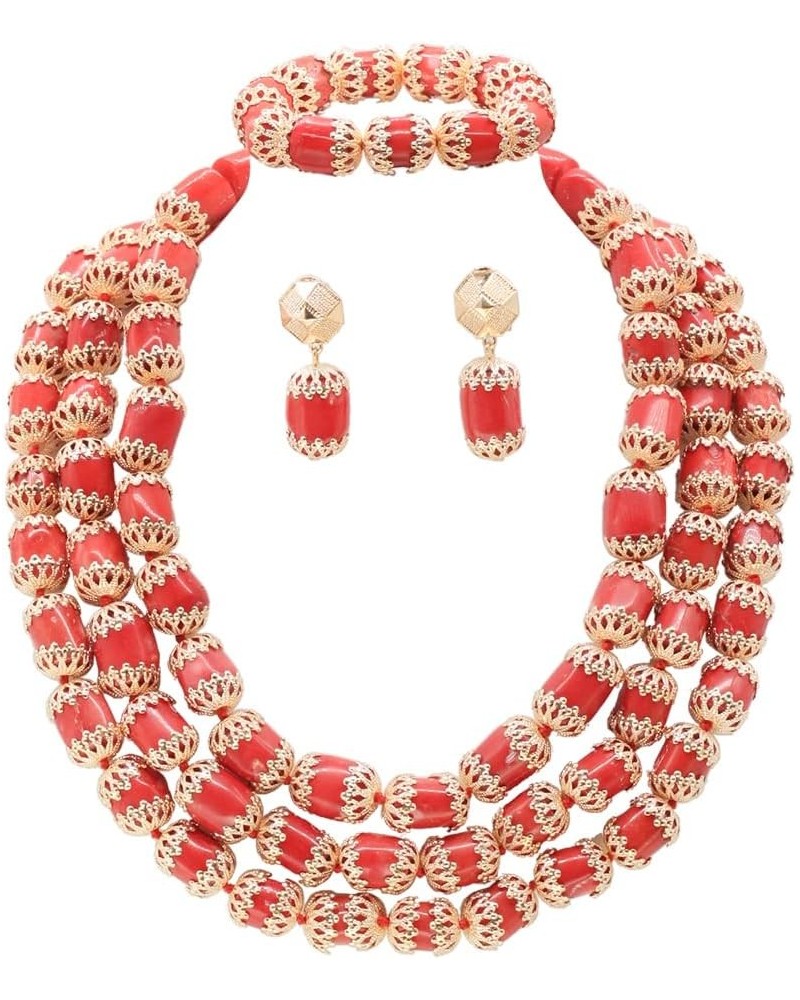 3 Layers Luxury Red African Coral Beads Jewelry Set Dubai Gold Nigerian Wedding Jewelry Set for Women $41.81 Jewelry Sets