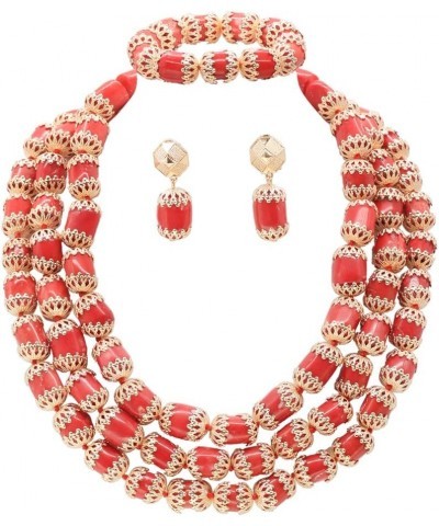 3 Layers Luxury Red African Coral Beads Jewelry Set Dubai Gold Nigerian Wedding Jewelry Set for Women $41.81 Jewelry Sets