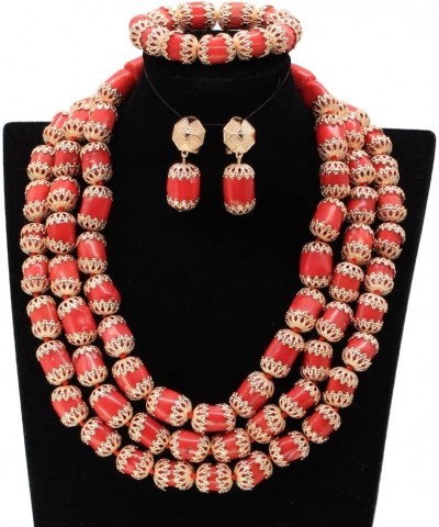 3 Layers Luxury Red African Coral Beads Jewelry Set Dubai Gold Nigerian Wedding Jewelry Set for Women $41.81 Jewelry Sets