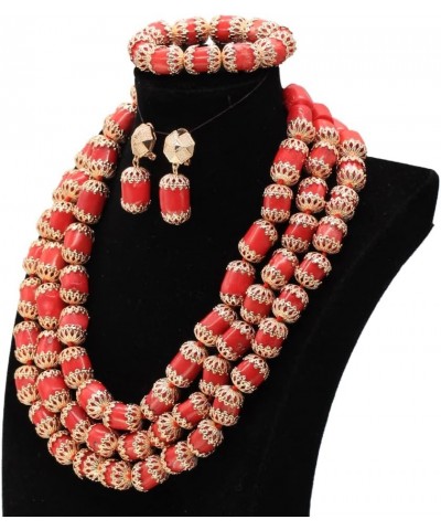 3 Layers Luxury Red African Coral Beads Jewelry Set Dubai Gold Nigerian Wedding Jewelry Set for Women $41.81 Jewelry Sets