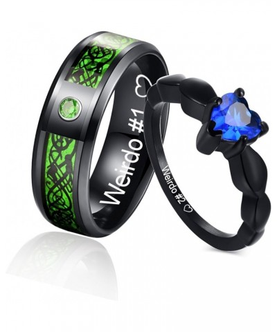 MZZJ Personalized His Hers Couple Rings Men's 8MM Celtic Dragon Pattern & Women's Blue Heart Shape Cubic Zirconia Black Stain...