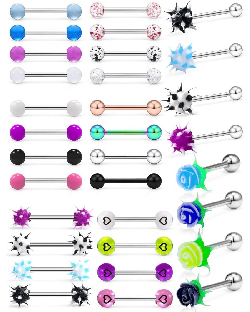 32Pcs Assorted Styles 14G Tongue Rings Stainless Steel Tongue Piercing Barbells Multicolor Long Tounge Piercing Jewelry for W...