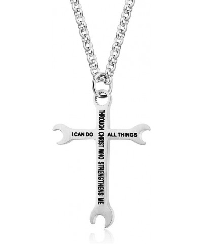 Mens Womens Stainless Steel Wrench Cross Pendant Necklace 24 inch Chain Silver Gold Black Silver $7.69 Necklaces