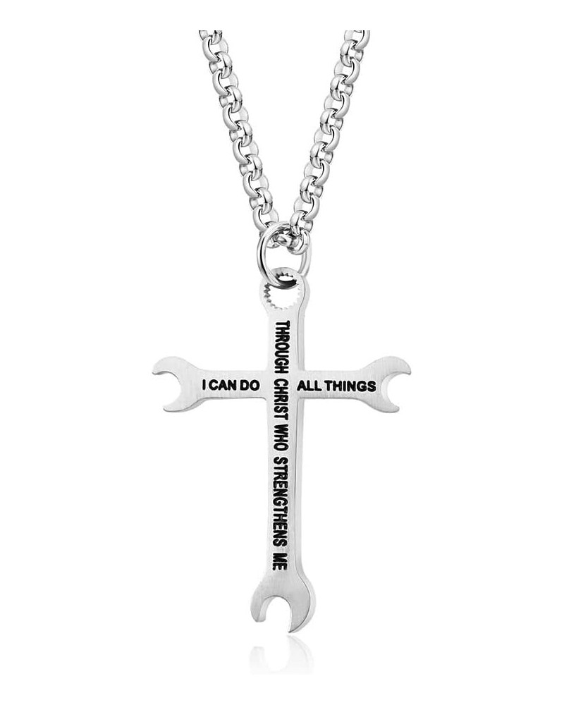 Mens Womens Stainless Steel Wrench Cross Pendant Necklace 24 inch Chain Silver Gold Black Silver $7.69 Necklaces