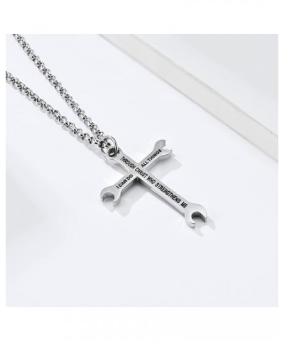 Mens Womens Stainless Steel Wrench Cross Pendant Necklace 24 inch Chain Silver Gold Black Silver $7.69 Necklaces