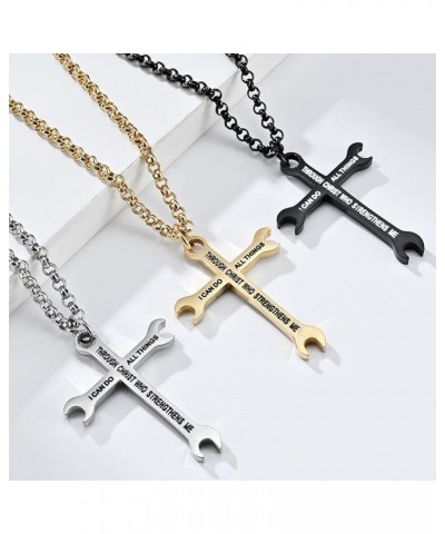 Mens Womens Stainless Steel Wrench Cross Pendant Necklace 24 inch Chain Silver Gold Black Silver $7.69 Necklaces