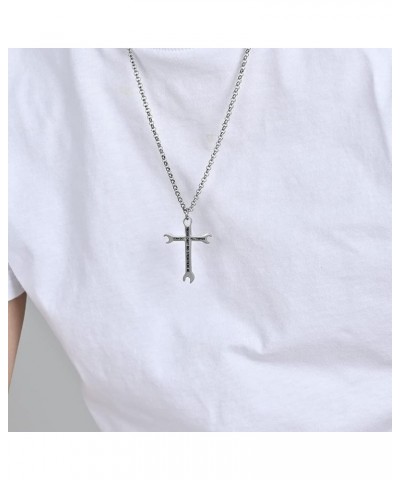 Mens Womens Stainless Steel Wrench Cross Pendant Necklace 24 inch Chain Silver Gold Black Silver $7.69 Necklaces