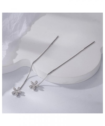 Little Flower Threader Dangle Drop Earrings Sterling Silver 925 Dainty Cubic Zirconia Crystal Daisy Flower Long Chain Tassel ...