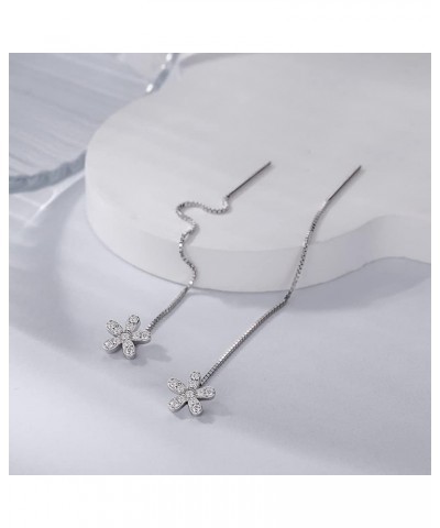 Little Flower Threader Dangle Drop Earrings Sterling Silver 925 Dainty Cubic Zirconia Crystal Daisy Flower Long Chain Tassel ...