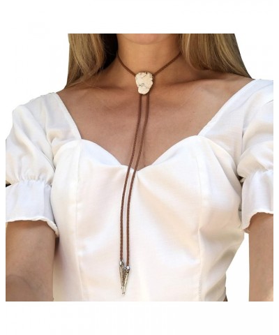 Women's Silver Created Western Bolo Tie Pink Aqua Terra Jasper Gemstone Choker Necklace Brown White Stone $12.45 Necklaces