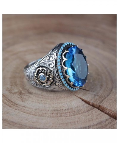 Round Blue Zirconia Gemstone Cocktail Ring Band for Women,Retro Vintage Wedding Engagement Gemstone Solitaire Ring for Women,...