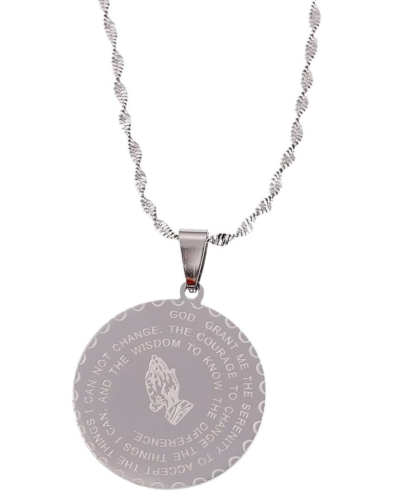 Bible Verse Prayer Necklace Christian Jewelry Stainless Steel Praying Hands Coin Medal Pendant Silver $7.94 Necklaces