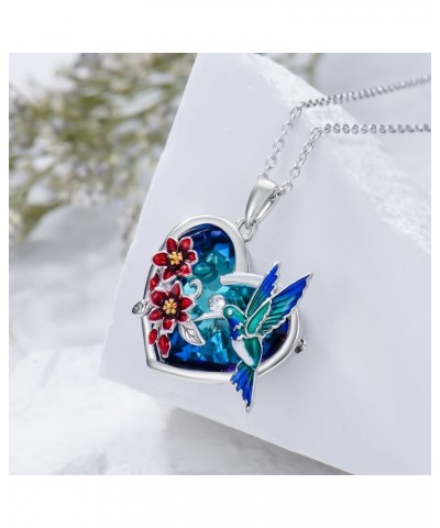 Hummingbird Necklace Silver, Hummingbird Heart Pendant with Red Bell Flower Hummingbirds Gifts for Women Girls heart hummingb...