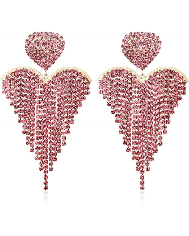 Women's Wedding Bridal Crystal Beaded Tassel Fringe Chandelier Dangle Earrings Heart-Pink $10.50 Earrings