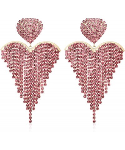 Women's Wedding Bridal Crystal Beaded Tassel Fringe Chandelier Dangle Earrings Heart-Pink $10.50 Earrings