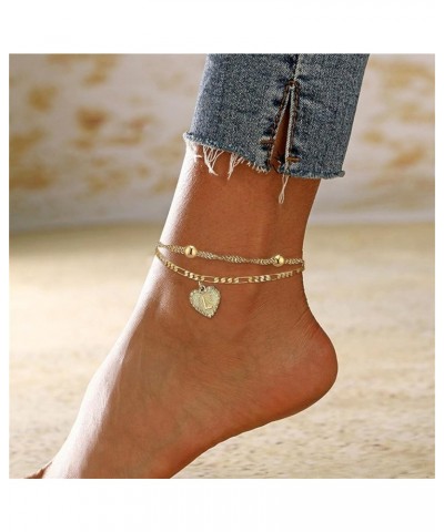 1PC Heart Initial Ankle Bracelets for Women 26 Letters Double Layered Gold Anklet, Women's Foot Chain Heart-Shaped Anklet Jew...