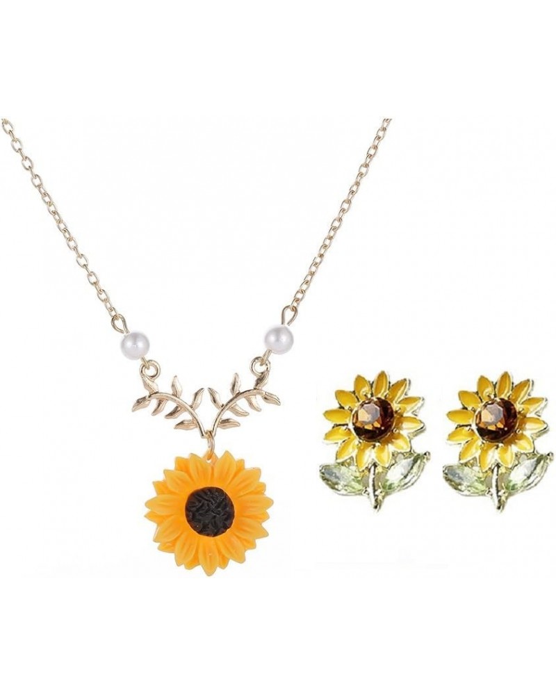 Sweet Sunflower Pearl Leaf Pendant Necklace Resin Daisy Flower Clavicular Chain Fashion Jewelry for Women with Stud Earrings ...