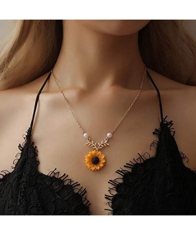 Sweet Sunflower Pearl Leaf Pendant Necklace Resin Daisy Flower Clavicular Chain Fashion Jewelry for Women with Stud Earrings ...