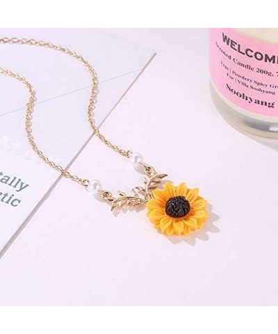 Sweet Sunflower Pearl Leaf Pendant Necklace Resin Daisy Flower Clavicular Chain Fashion Jewelry for Women with Stud Earrings ...