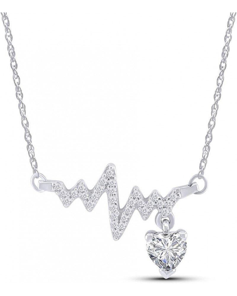 Heart & Round Cut Simulated Birthstone & White Cubic Zirconia Heartbeat & Heart Pendant Necklace Along with 18" Silver Chain ...