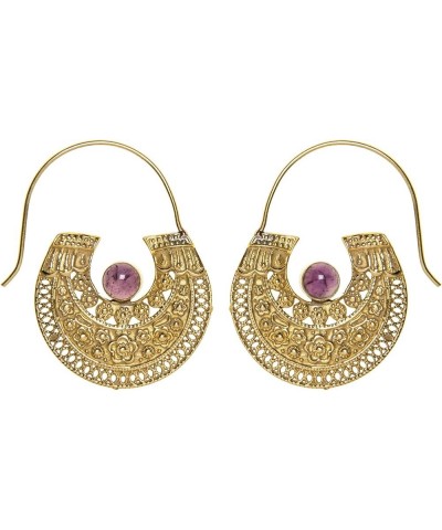 Gold Brass Gemstone Filigree Dot Work Flower Tribal Hoop Earrings Amethyst $17.29 Earrings