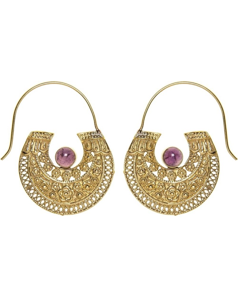 Gold Brass Gemstone Filigree Dot Work Flower Tribal Hoop Earrings Amethyst $17.29 Earrings