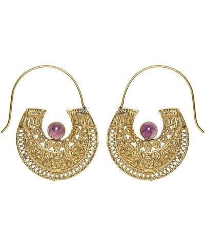 Gold Brass Gemstone Filigree Dot Work Flower Tribal Hoop Earrings Amethyst $17.29 Earrings