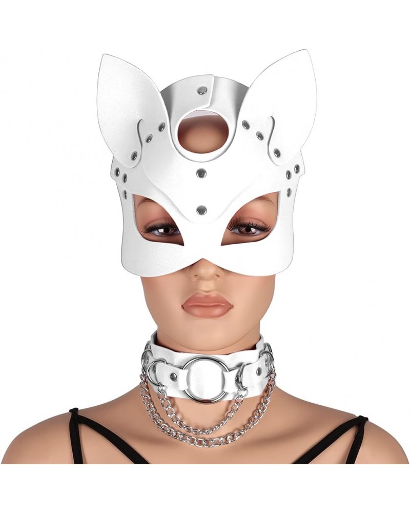 Women's Leather Mask and Metal Chain Necklace for Masquerade Party Punk Carnival Gothic Halloween Accessories White $13.10 Bo...