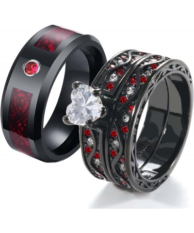 Couple Rings Black and Red Matching Rings His and Her Rings Heart CZ Women Wedding Ring Sets Titanium Men Wedding Bands Red w...