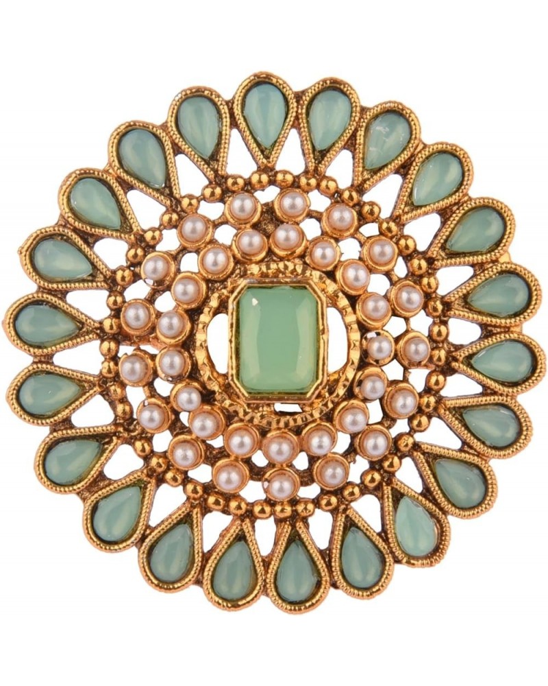 Indian Jewelry Antique Round Faux Pearl Beads Crystal Kundan Bollywood Adjustable Big Finger Ring for Women Light Green $10.9...